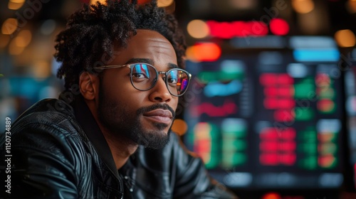 Reflective trader analyzing market trends in a modern financial environment a...