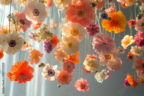 Colorful hanging flowers create a vibrant display in a bright, light-filled s...