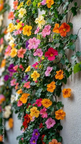 Colorful floral wall design with vibrant blooms in various shades of orange, ...
