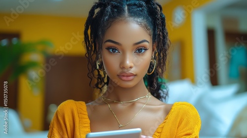 Young woman with beautiful hair engaged with a smartphone in a bright, colorf...