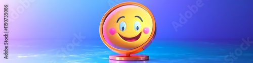 A vibrant emoji mirror with a silly face design placed on a gradient backdrop of blues and purples photo