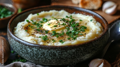 Creamy mashed potatoes topped with butter and chives in a rustic bowl