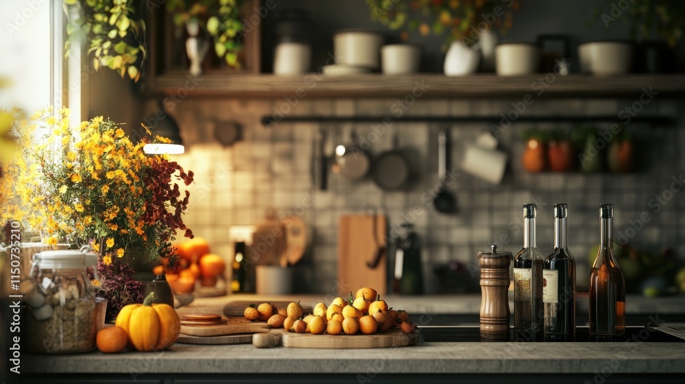 Rustic kitchen counter with fruit, flowers, and spices. Rustic kitchen counter with fruit, flowers, and spices.