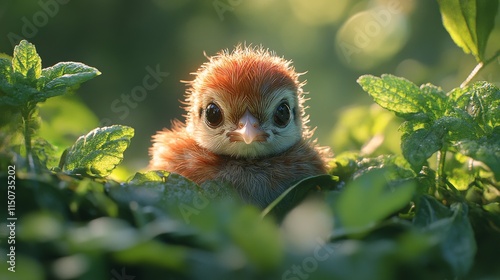 Tiny bird chick peeks through lush green foliage in a serene natural setting