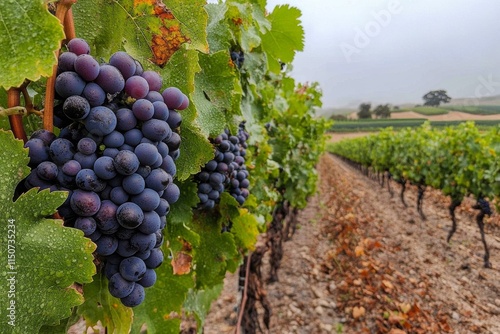 Vineyard with ripe grapes under sunny skies in a picturesque landscape