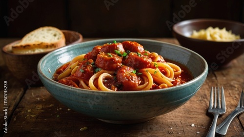 Spicy Treccione Pasta with Smoked Sausages in Tomato Sauce  photo