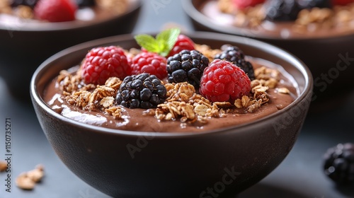 Delicious chocolate mousse topped with raspberries and granola in black bowls