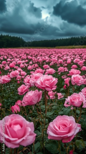 Stunning field of pink roses under a dramatic sky in a rural landscape
