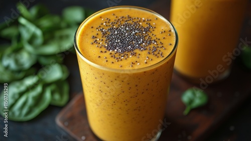 Refreshing smoothie with spinach and chia seeds served in a glass on a wooden...