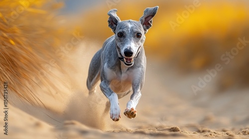 Dog runs energetically on a sandy beach with scattered grass in the background
