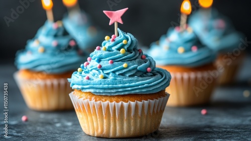 Colorful cupcakes with blue frosting and decorative flags at a dessert display