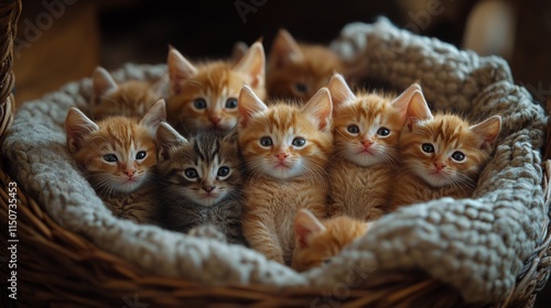 Cozy orange kittens peacefully sleeping in a woven basket at a sunny indoor s...
