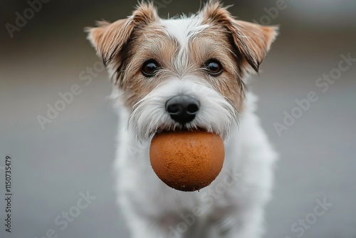 Happy dog holding a ball outdoors on a sunny day