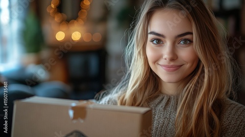 Smiling woman holds a delivery box in a cozy indoor setting during the winter...
