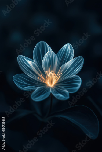 Bioluminescent flower glowing in the darkness, macro.
