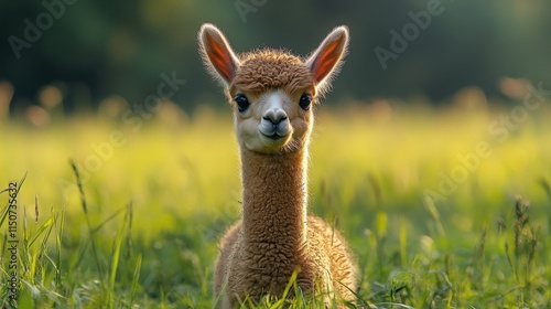 Adorable young alpaca grazing in a lush green field during golden hour