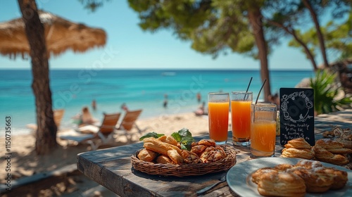 Enjoying a refreshing breakfast by the beach with tropical fruits and juices ...