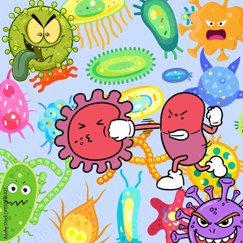 health, illustration of antibodies fighting germs in the body