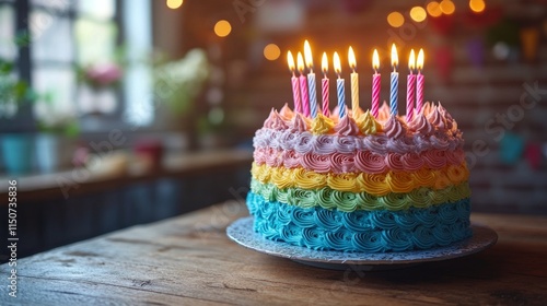 Colorful birthday cake with candles and decorations at a festive celebration