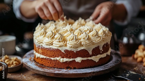 Baker creates intricate frosting design on large wedding cake in bustling bakery