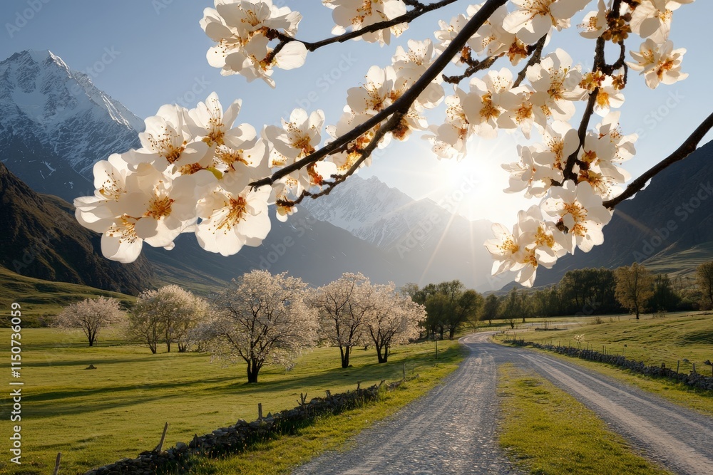 Spring blossoms illuminate a mountain landscape at sunrise in a serene rural setting Spring blossoms illuminate a mountain landscape at sunrise in a serene rural setting