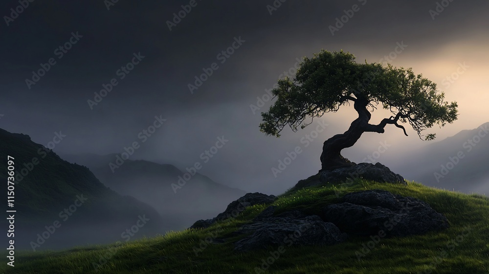 Lone tree on mountain peak at sunset, misty valley. Lone tree on mountain peak at sunset, misty valley.