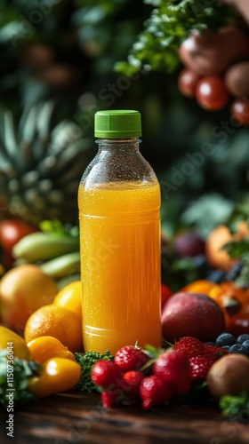 Refreshing citrus beverage surrounded by fresh fruits on a wooden surface