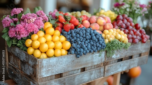 Vibrant display of fresh fruits and flowers in a rustic market setting