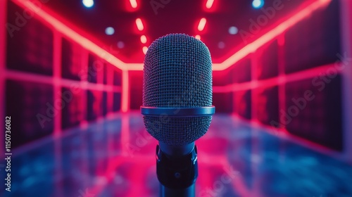 Recording studio setting with a microphone and wooden paneling for music prod...