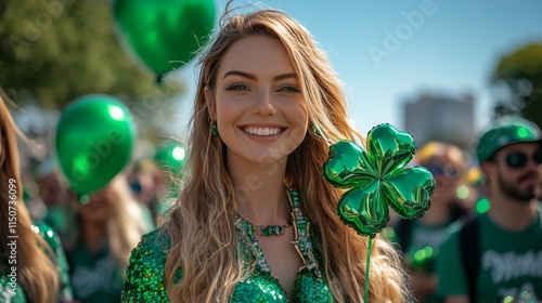 Celebrating St Patricks Day with green balloons in a lively city parade