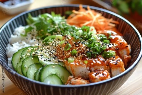 Grilled shrimp bowl with rice and fresh cucumber on a dark background