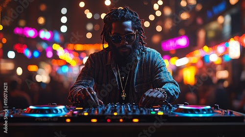 Vibrant outdoor music event in a bustling street with DJ performance at dusk