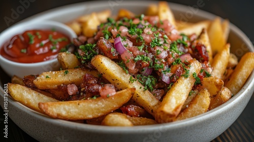 Delicious plate of loaded fries topped with fresh herbs and served with ketch...