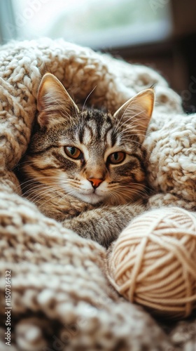 Cat snuggled in cozy blanket with yarn ball in warm indoor setting during a q...