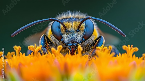 Close-up of a honeybee gathering nectar from a yellow flower on a sunny day i...
