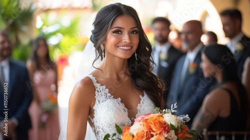 Bridal portrait in a sunlit garden setting with elegant floral arrangements a...