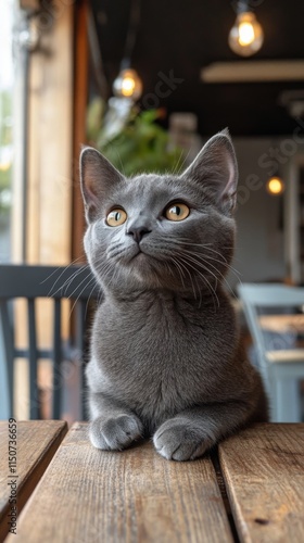 Gray cat sitting calmly on wooden table with warm background lighting in cozy...