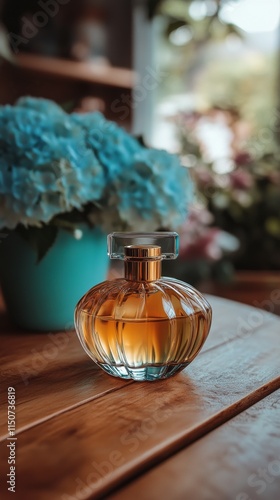 Elegant glass perfume bottle reflecting warm light on a wooden surface