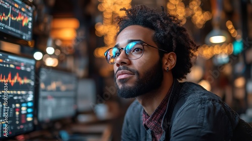 Young professional analyzing data on multiple computer screens in a modern of...
