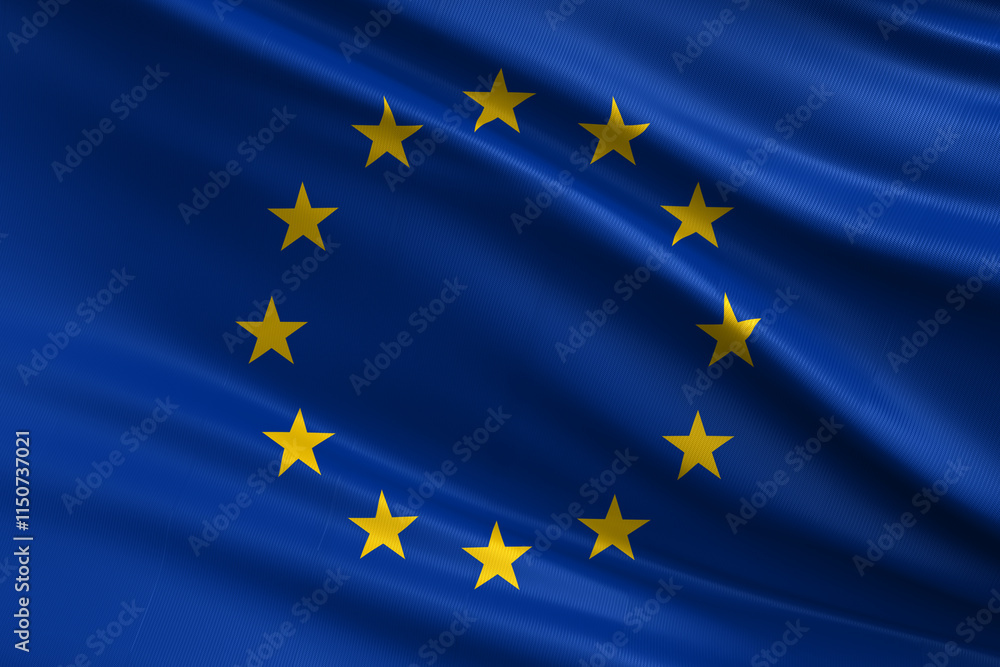 A blue flag featuring a circle of twelve yellow stars, representing the European Union. A blue flag featuring a circle of twelve yellow stars, representing the European Union.