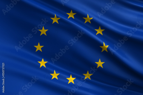 A blue flag featuring a circle of twelve yellow stars, representing the European Union. photo