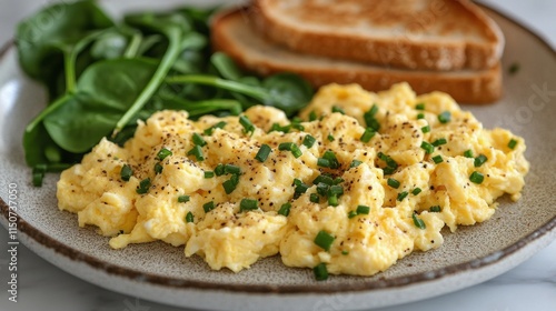 Scrambled eggs with toast and spinach served on a rustic plate for a healthy ...