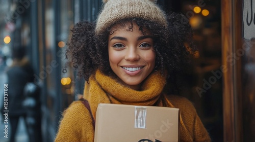 Young woman in warm sweater smiles outside a cozy cafe on a chilly day