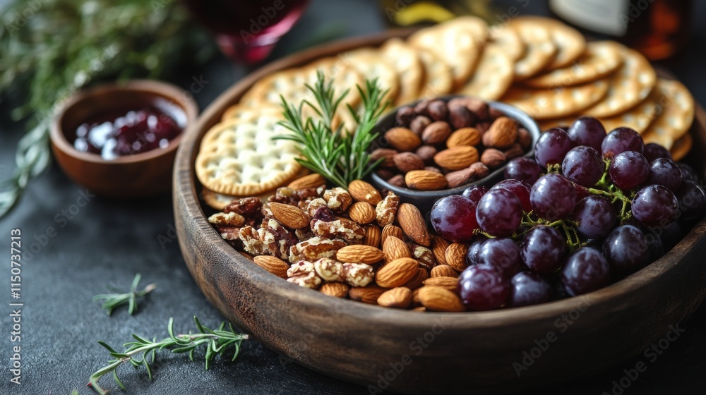 Cheeseboard featuring a variety of crackers, nuts, and grapes arranged beautifully on a wooden platter Cheeseboard featuring a variety of crackers, nuts, and grapes arranged beautifully on a wooden platter