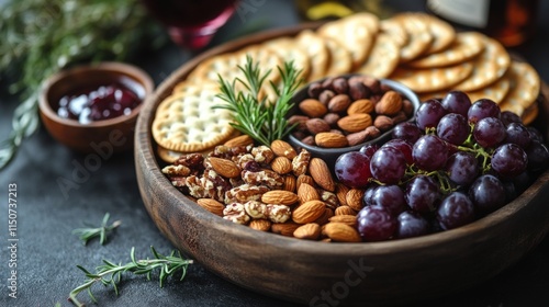 Cheeseboard featuring a variety of crackers, nuts, and grapes arranged beauti...