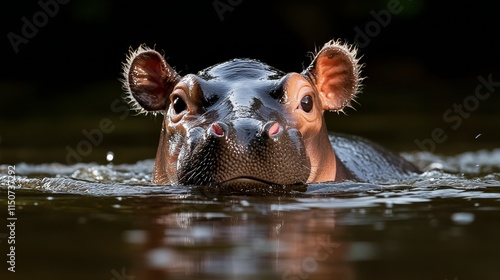 Hippo emerging from water with flowers in serene natural setting during daylight