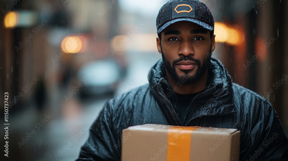 Delivery person carrying a parcel in a busy urban street during the daytime Delivery person carrying a parcel in a busy urban street during the daytime