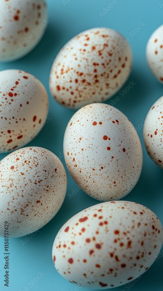 Fresh speckled eggs arranged on a blue surface in a casual and artistic manner Fresh speckled eggs arranged on a blue surface in a casual and artistic manner