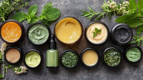 Variety of natural skincare products arranged on a textured surface with fres...