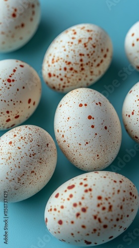 Fresh speckled eggs arranged on a blue surface in a casual and artistic manner